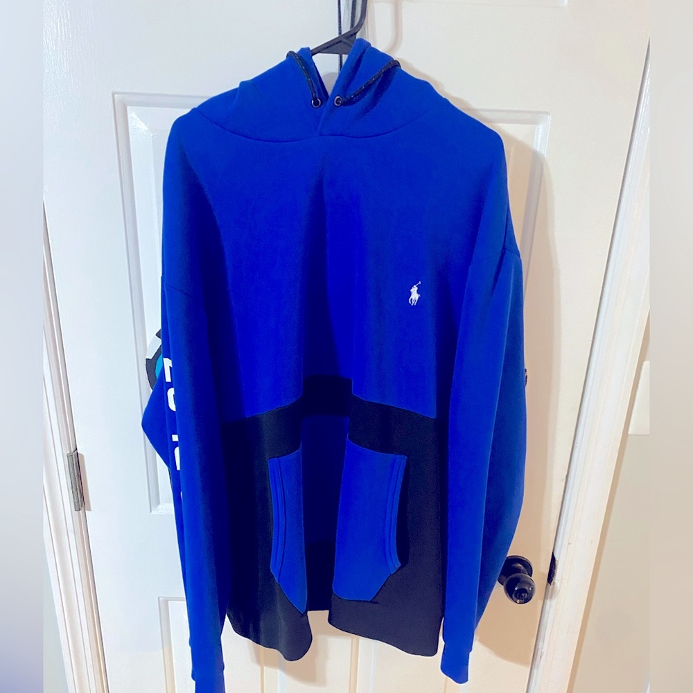 RL royal blue and black hoodie.